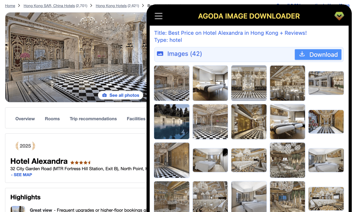 Agoda Image Downloader extension on an Agoda hotel listing